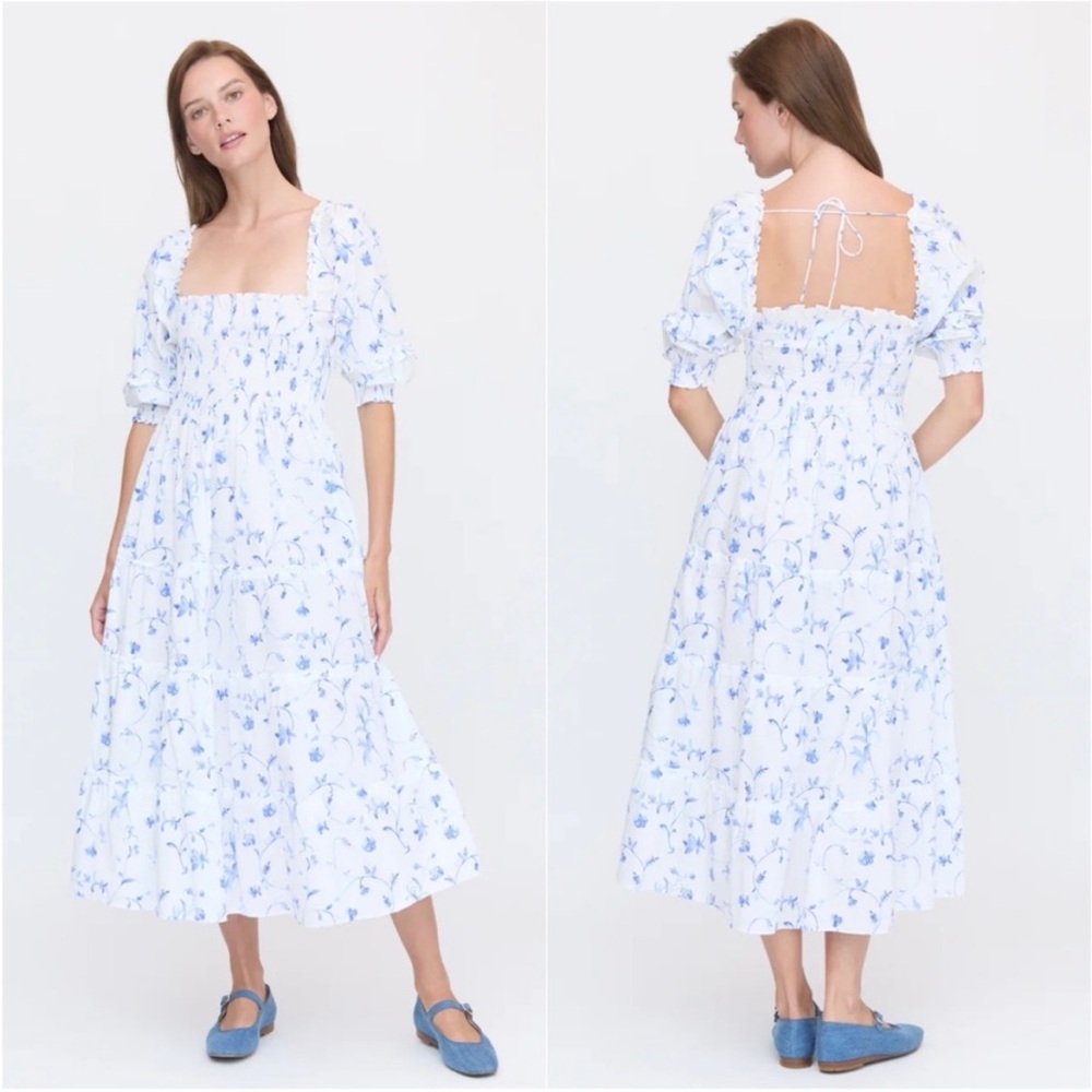 Hill House Home Sz Large Nesli Nap Dress Smocked Tiered Blue Botanical Cotton